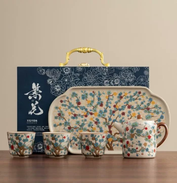 Ru Kiln Golden Plum Teapot Kung Fu Tea Set, Premium Chinese Home Ceramic Teapot with Cups and Tray