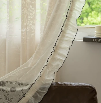 French Romantic Black-Edged Curtain Lace with Ruffled Hem and Wood Ear Details for Luxury Bedrooms and Living Rooms, Model M-966