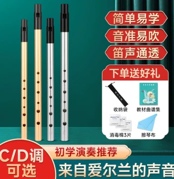 Irish Tin Whistle in C or D, Metal Straight Flute with Six Holes, Ideal for Beginners, Children, Adults, and Professional Performance