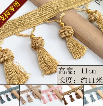 [Supports Custom Cutting] 11cm Curtain Lace Trim for Clothing and Wedding Decorations, Tassel with Copper Beads and Strawberry Design, 11 Meters