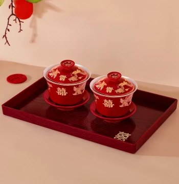 Pair of Respect Tea Cups, Wedding Joy Bowls, Dowry Bowl and Chopstick Tea Set, Wedding Supplies, Red Lidded Bowls for Formal Toasts