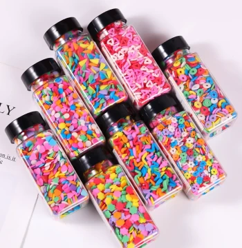 Baking Cake Decorations: Iridescent Sugar Pearls, Colorful Sprinkles, Fondant Circles, Hearts, Flowers, and Slices