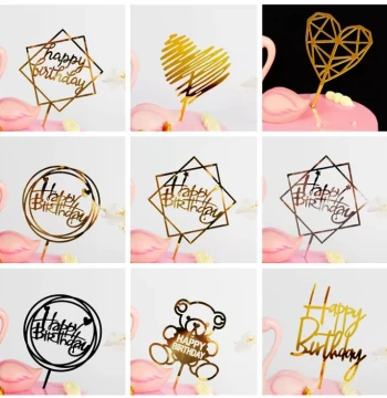 10pcs Acrylic Birthday Cake Toppers with 'Happy Birthday' Letters and Wealth God Designs