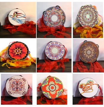 Children's Dunhuang Flying Apsaras Dance Handheld Tambourine, Hanfu Prop, Dunhuang Well-Algae Pattern Xinjiang Drum, 15cm Diameter