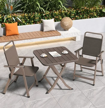 Portable Folding Outdoor Table and Chair Set Retro Rattan-Style Backrest Chair for Balcony, Courtyard, and Night Markets