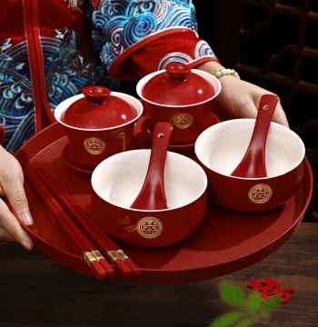 Wedding Tea Cup Set, Pair of Red Bowls and Chopsticks for Tea Ceremony and Toasting, Complete Dowry Kit