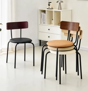 Retro Dining Chair Curved Wood Backrest Stackable Assembly Chair for Cafes, Small Apartments, and Homestays