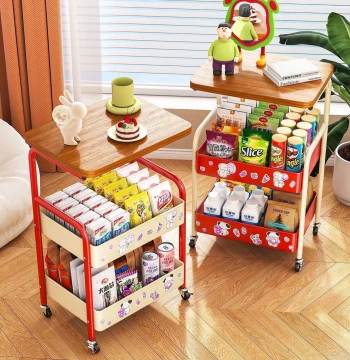 Chinese Style Mobile Bedside Table, Living Room Sofa Side Cart, Bedroom Snack Storage, Kitchen Rack