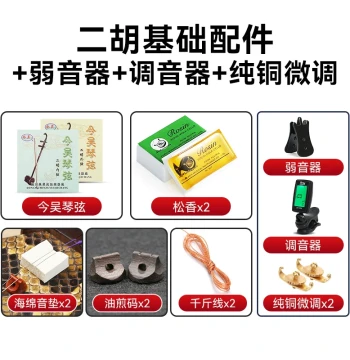 Complete Erhu Accessory Kit: Strings, Rosin, Bridge, Fine Tuner, Mute, Tuner, Damping Cotton, Qianjin Wire, and More