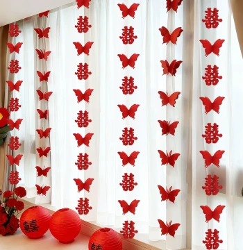 3D Butterfly Garland for Wedding Room Decor, Bride's Bedroom Curtain Backdrop, Double Happiness Hanging Ornaments