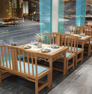 Solid Wood New Chinese Style Booth Sofa for Hunan Cuisine Restaurants, Wall-Mounted Seating for BBQ, Hot Pot, and Tea House Tables and Chairs