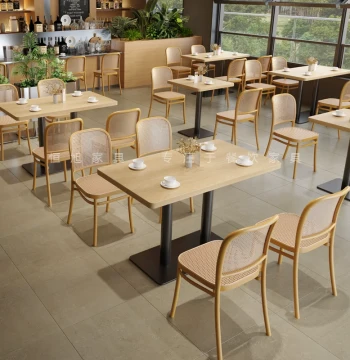 Cafe and Restaurant Solid Wood Dining Set - Customizable Commercial Tables and Rattan-Weave Chairs