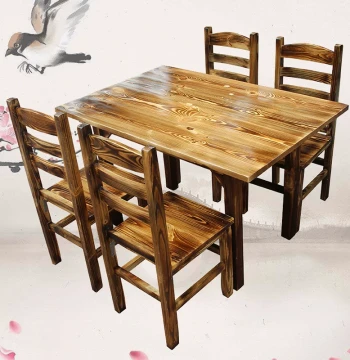 Charred Wood Furniture, Solid Fire-Treated Carbonized Dining Tables and Chairs for Hotels and Restaurants, Rectangular Table with Backrest Chair Set