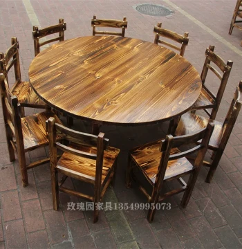 Carbonized Wood Table and Chair Set, Fire-Style Round Dining Table, Solid Wood Restaurant Furniture for Fast Food, Late-Night Snacks, and Breakfast Shops