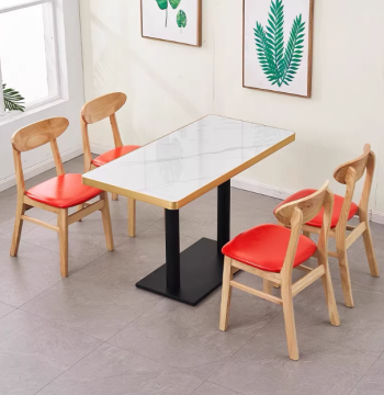 Sintered Stone Dining Table and Chair Set with Gold-Trimmed Edges for Commercial Use in Restaurants, Cafes, and Burger Shops - Round and Square Tables with Solid Wood Chairs and Stools