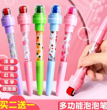Kids' Multi-Function Bubble Pen, Elementary School Magic Roller Stamp Pen, 5-in-1 Crayon, Girl's Gift, Viral Children's Paintbrush with Bubble Blowing, Light-Up Cartoon Pen