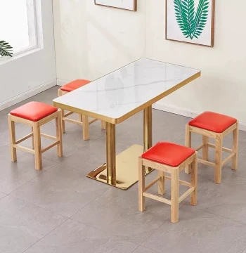 Fast Food Dining Tables and Chairs Solid Wood Stools Restaurant Snack Catering Commercial Stone Slab Gold-Edged Milk Tea Shop Cafe Small Round Square Table