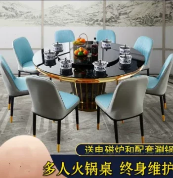 Tempered Glass Round Hot Pot Dining Table with Built-in Induction Cooker for Home or Hotel, One-Pot-per-Person Setup