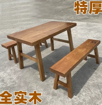Thickened Imported Pine Wood BBQ Cabin Furniture, Full Solid Wood Rectangular Dining Table and Chair Set, Double Booth Bench