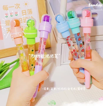 Multifunctional Bubble Pen with Roller Stamp, Light-Up Magic Crayon, and Bubble Blower - 4-in-1 Toy Gift for Elementary Girls and Journaling