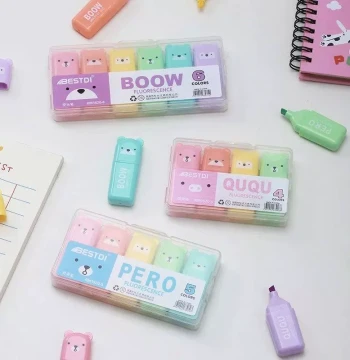4/5/6Pcs Kawaii Bear Highlighter Pens Cute Stationery Marker