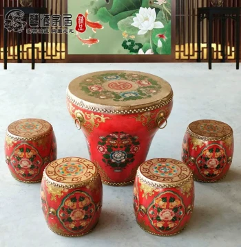Chinese Painted Flowerpot Drum Coffee Table: Distressed Solid Wood with Hand-Painted Cowhide Top, Eco-Friendly Tea Table Combo