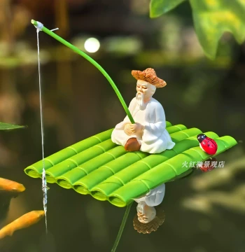 Floating Bamboo Raft Decor - Fisherman and Panda Figures for Ponds and Aquariums