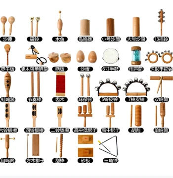 Complete Orff Percussion Instrument Set - Beech Wood Clappers, Wooden Fish, Large Maracas, Tambourine, Triangle, and Double Tone Blocks