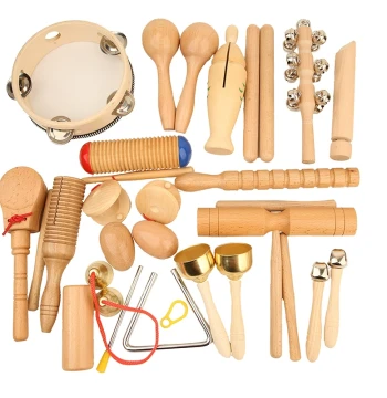 Kindergarten Orff Percussion Natural Wood Set - Early Education Kit with Tambourine, Claves, Tone Blocks, Sand Shakers, Triangle, and Finger Cymbals