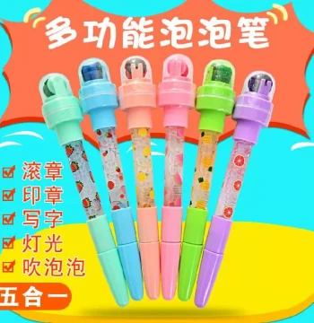 Children's Watercolor Pens with Stamp and Bubble Blower Infant Light-Up Rolling Writing Creative Blue Roller Refill