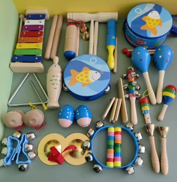 Children's Orff Percussion Instrument Set for Kindergarten and Elementary Music Early Education - Tambourine, Finger Cymbals, Claves