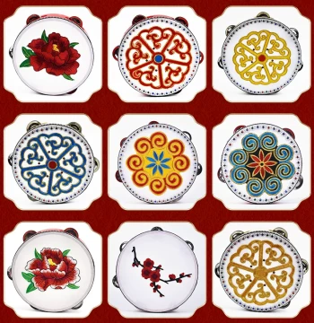 Pomegranate Turns Red Hand Drum Tambourine Dance Prop, Flower Blooming Uyghur Embroidered Instrument for Xinjiang Dance