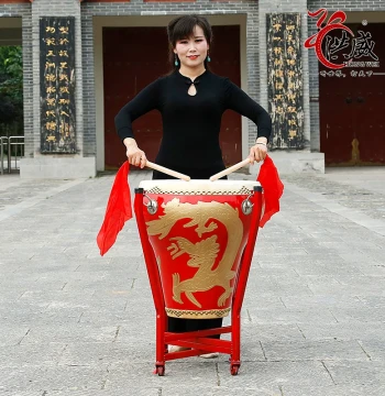 Flowerpot Drum Coffee Table Stool - Decorative War Drum with Dragon-Phoenix Design, Top-Grain Cowhide