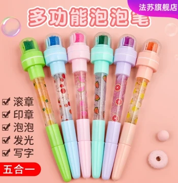 Kids' Multi-Function Bubble Pen - Viral TikTok Style Roller Stamp with Light-Up Bubble Blowing 4-in-1 Crayon Gift for Girls