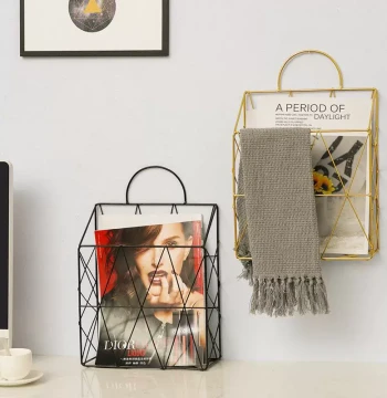 Nordic Style Wall-Mounted Wrought Iron Magazine Rack with Handle, Creative Book and Newspaper Holder for Living Room or Study