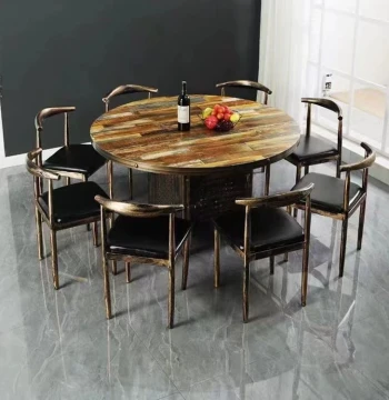 Vintage Wrought Iron Hot Pot Table Commercial Restaurant BBQ Round Table with Integrated Induction Cooker Dining Table and Chair Set