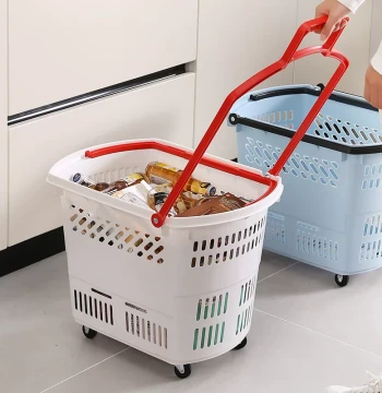 Thickened Supermarket Basket with Handle, Telescopic Rod, and Wheels - Plastic Rolling Shopping Cart for Groceries