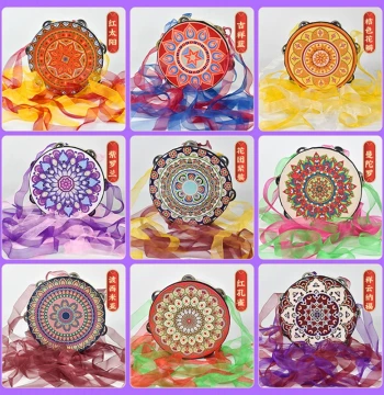 Uyghur Tambourine Dance Prop, Xinjiang Uyghur Dance Hand Drum with Bells and Ribbons, Children's Flying Sky Joy Drum