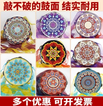 Tambourine, Xinjiang Hand Drum, Kindergarten Musical Instrument, Dunhuang Flying Apsaras Drum with Ribbon and Bells, Dance Prop, Orff Instrument
