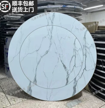 Thickened Stainless Steel Built-in Lazy Susan Round Dining Table - Colorful Integrated Folding Design with Marble Pattern Rock Slab Top
