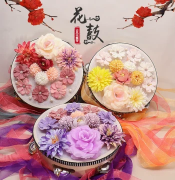 Top Tambourine Dance Prop, Silk Flower Hand Drum with Ribbons, Ancient Style Performance, Hanfu Photo Prop, Kids Hand Drum