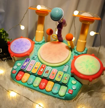 Kids Mini Piano and Drum Set 2-in-1, Beginner Instrument Toy for Boys Aged 3-6, Baby Drumming Playset