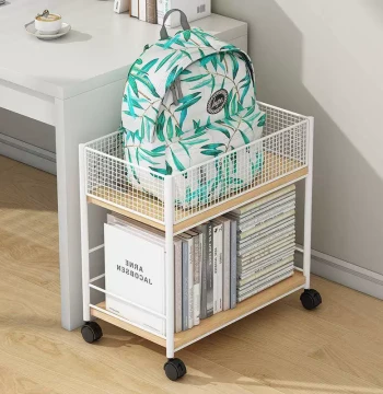 Mobile Rolling Bookshelf with Wheels for Desk Side Storage, Iron Floor Stand for Student Books