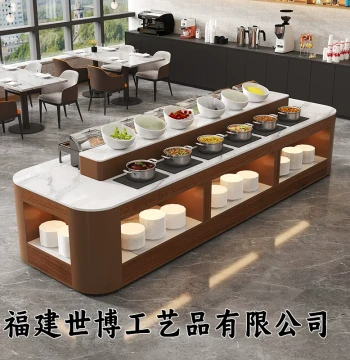 Hotel Double-Sided Breakfast Station, School Cafeteria Island Buffet Table in Walnut Finish, Restaurant Marble Buffet Counter