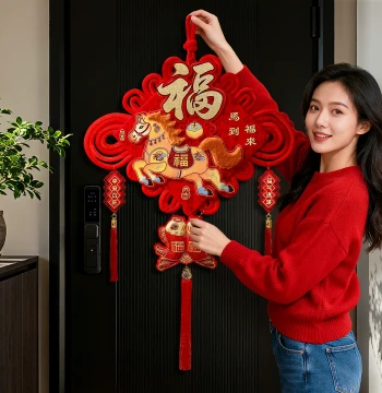2026 Year of the Horse Chinese Knot Hanging Ornament, Plush Fu Character Decoration for Spring Festival, New Year Decor for Living Room, Entryway, and Foyer