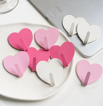 Girly Pink Heart Adhesive Hooks - Stainless Steel Heart-Shaped Wall Hooks for Cute Room Decor