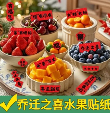Housewarming Celebration Stickers – Auspicious Blessings, Wealth Attraction, Festive Decor, Fruit Labels