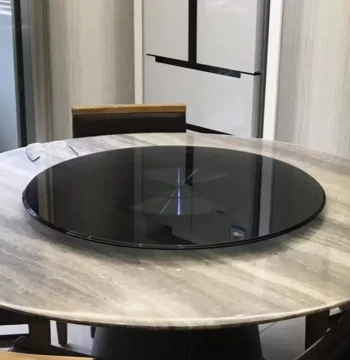 MA98 Premium European Gray Tempered Glass Dining Table with Explosion-Proof Finish, Aluminum Alloy Base, Round Top, Standard Light Black Lazy Susan