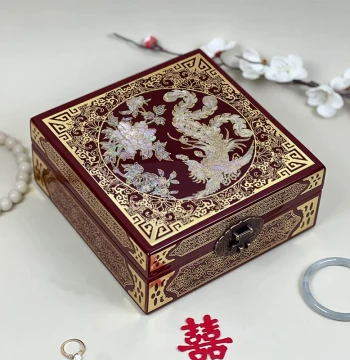 Pingyao Intangible Cultural Heritage Lacquer Jewelry Box with Mother-of-Pearl and Copper Wire Inlay, Abalone Shell, Exquisite Chinese-Style Wooden Storage Box
