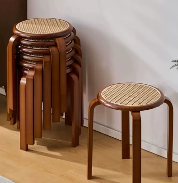 Solid Wood Rattan Round Stool - Stackable Home Dining Chair, Minimalist Living Room Furniture, Thickened Modern High Seat